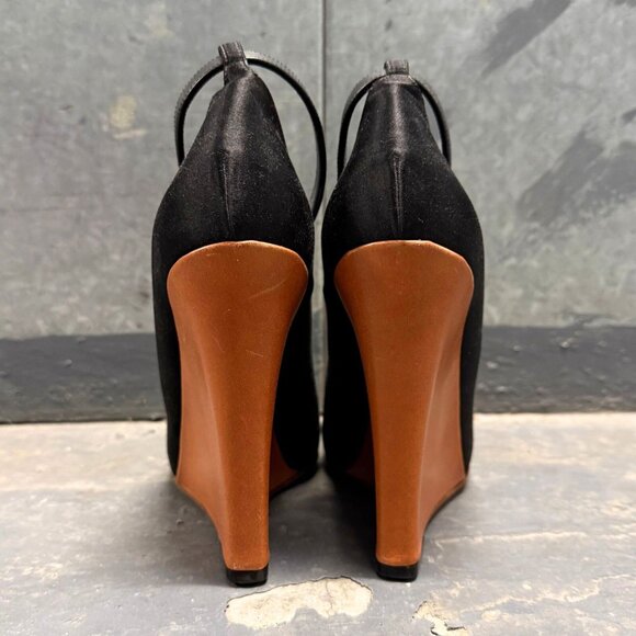 CELINE Archival Black Satin Wooden Wedge Heel Ankle Strap Shoes PHOEBE PHILO ERA - Picture 5 of 12